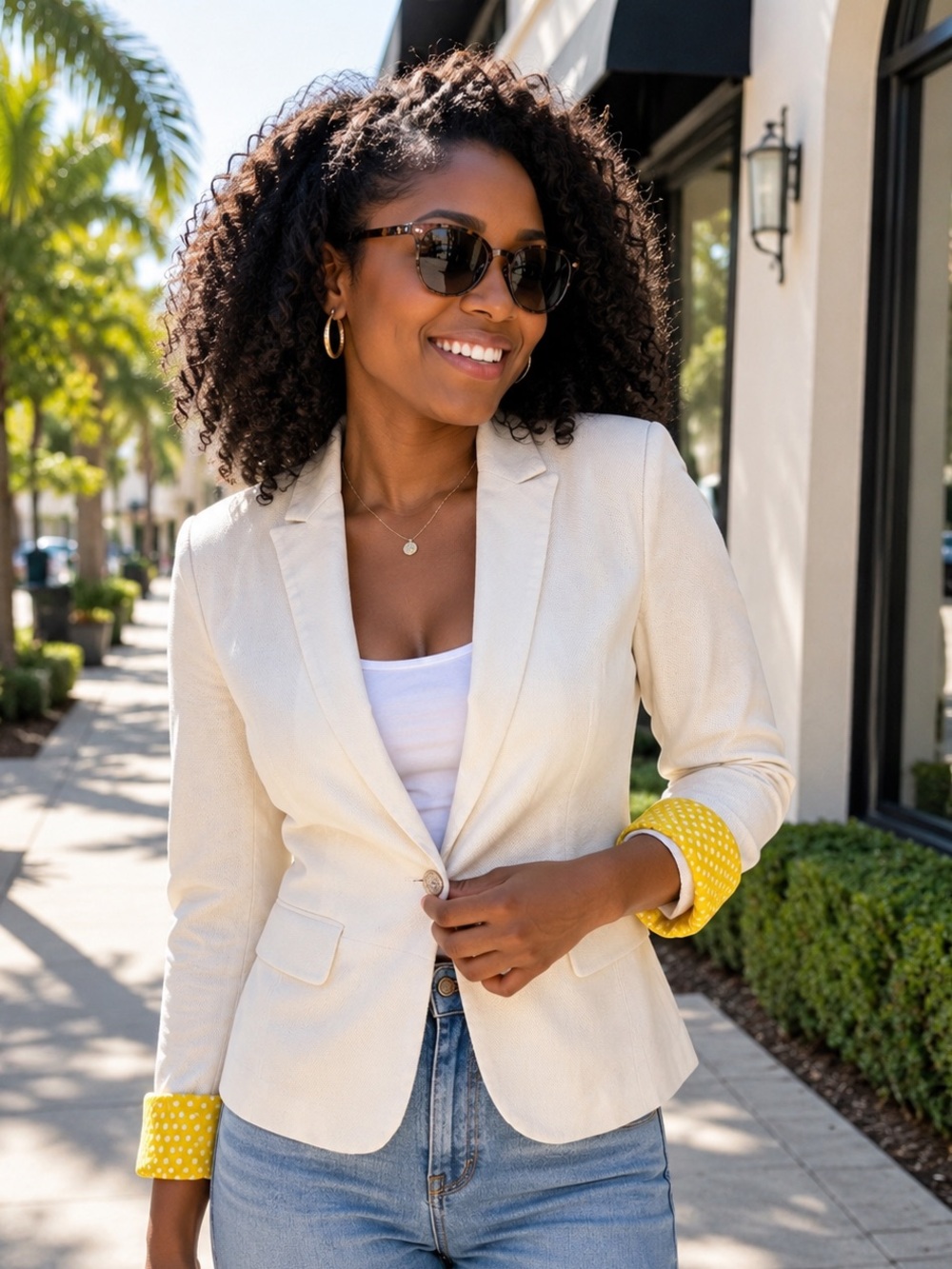 Shasa Cream Blazer with Yellow Polka-Dot Cuff